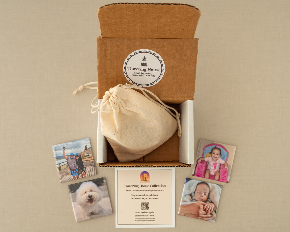 Custom photo magnet set packaged with cotton bag and thank-you card